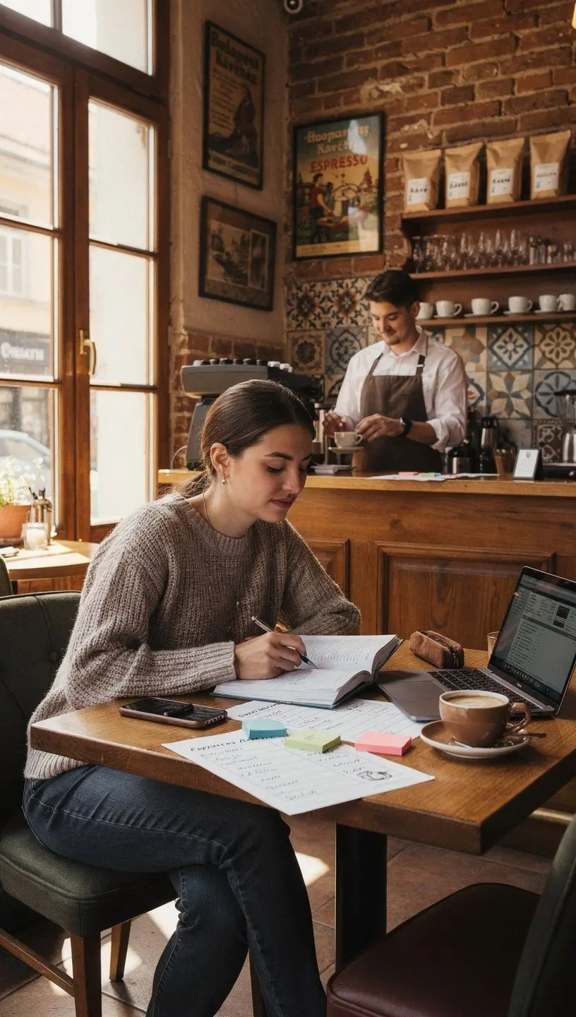 Takarékosságot népszerűsítő poszter a falon, színes grafikákkal.
