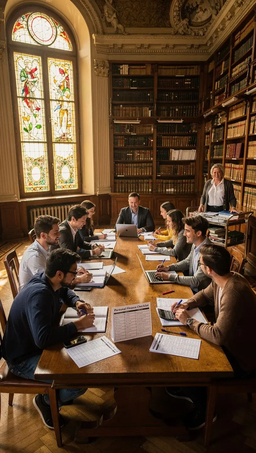 Pénzügyi tervezés tippeket bemutató könyvek és tanulási ellenőrzőlisták elrendezése egy asztalon.