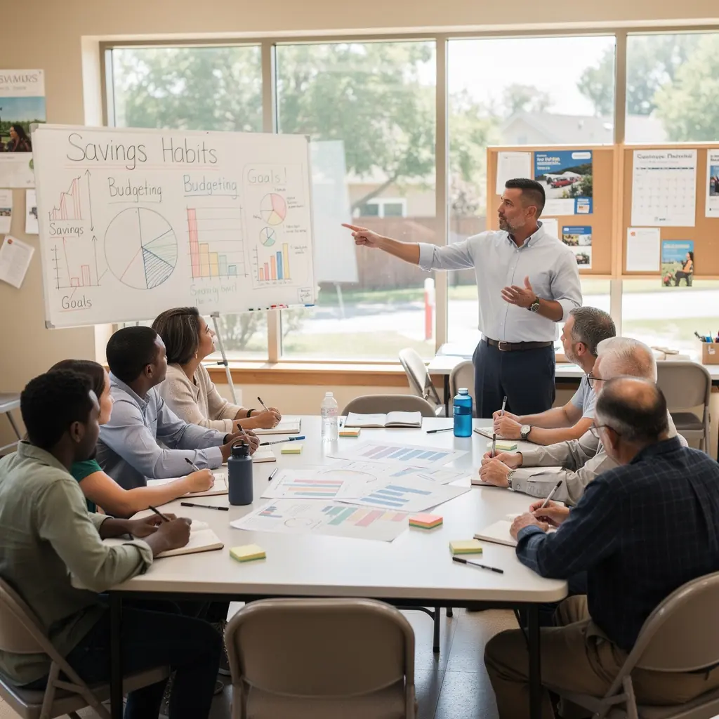 Csoportos pénzügyi workshop, ahol résztvevők megosztják tapasztalataikat.